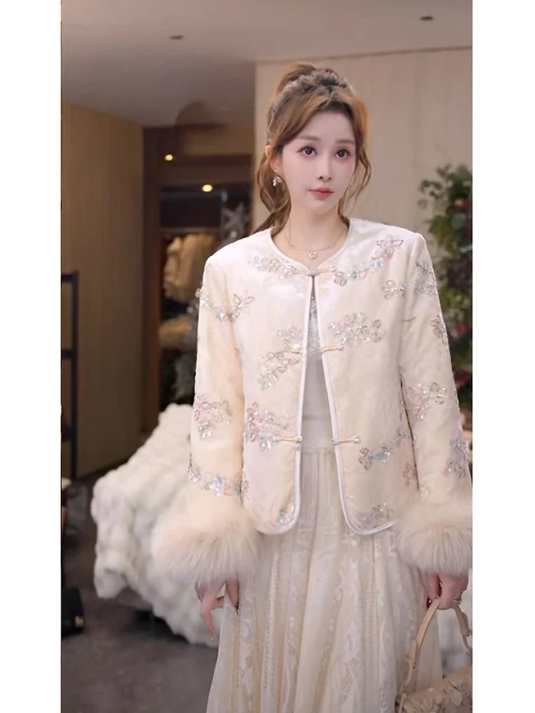 

Mimius New Chinese Sle Embroidered Heavy Work Button down Quilted Jaet Lightweight Durable 90% White Du down Coat