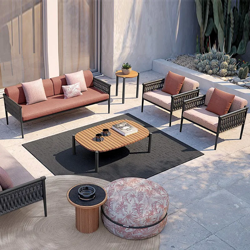 Outdoor sofa, casual courtyard, single rattan outdoor combination terrace, balcony garden, Nordic rope soft furnishings