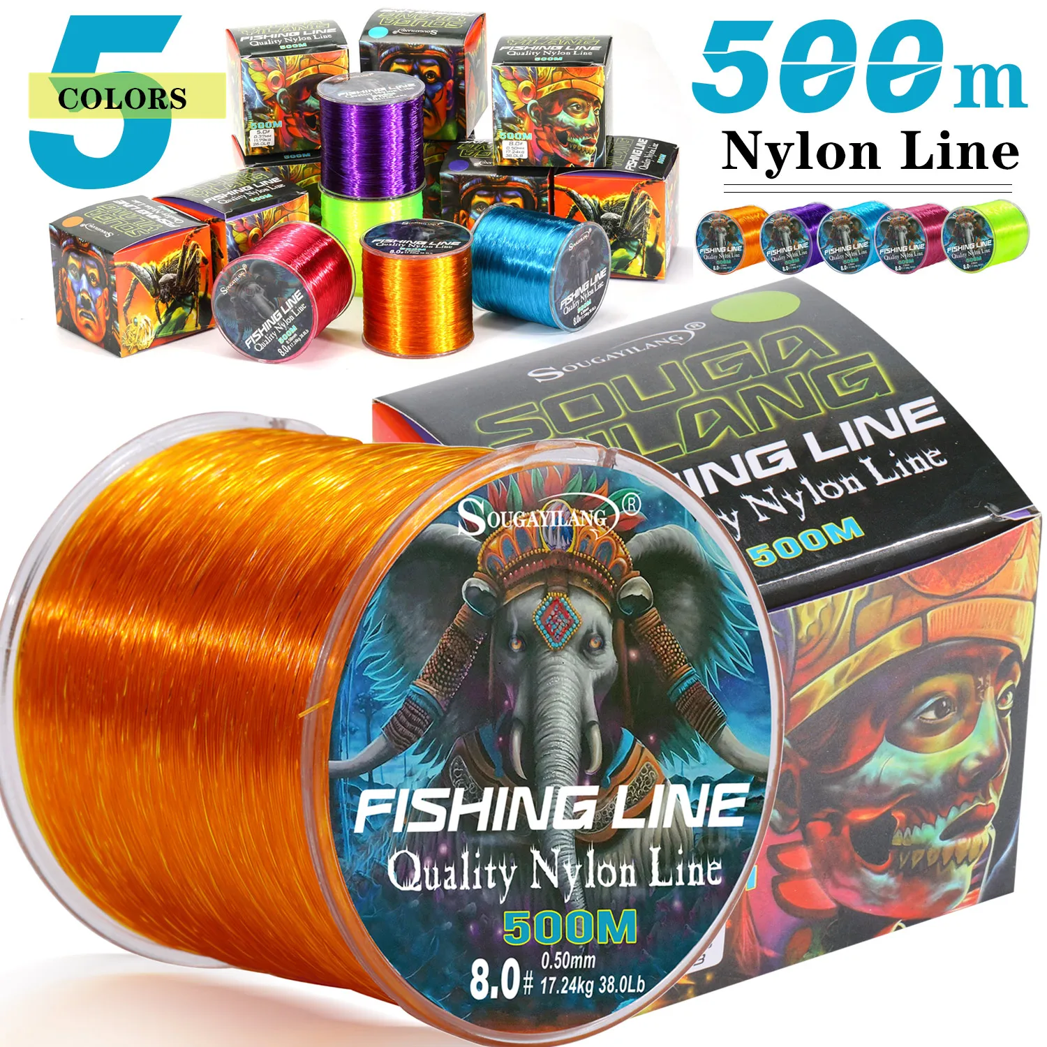 Sougayilang 500m Nylon Fishing Line Monofilament 0.14-0.50mm Max Drag 38LB Superior Material Smooth Line for Seawater Freshwater