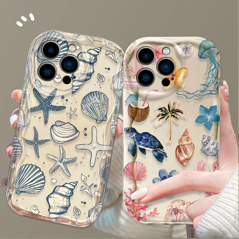 Colorful  Marine Organism Silicone Wavy Phone Case for IPhone 16 15 14 13 12 11 Pro Max Plus 16E XR XS X 7 8 Shockproof Cover