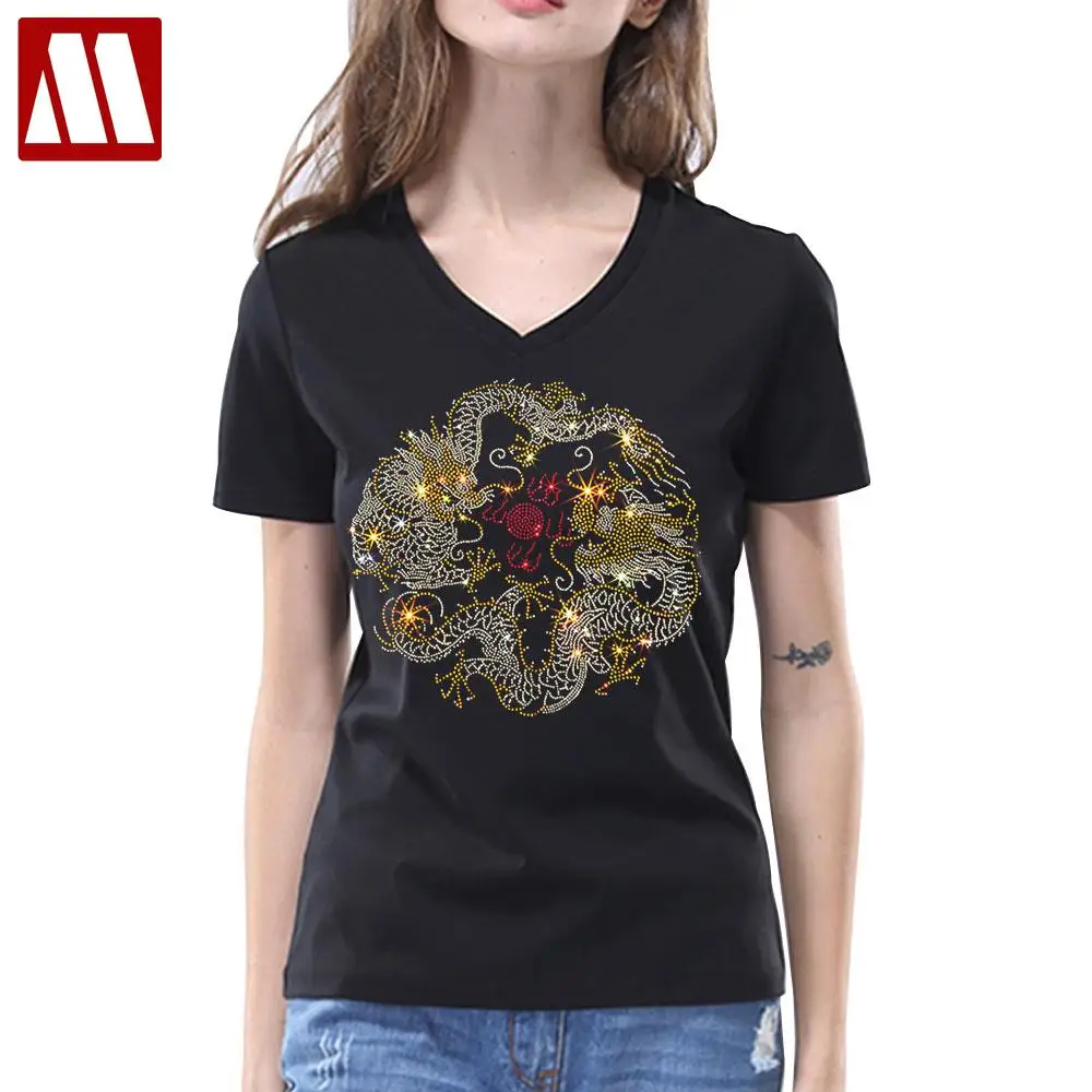 2024 Lady New Chinese Dragon Zircon Women T Shirt Streetwear Short Sleeve Hip Hop Outfits Loose S-5XL Summer Tops Female Tshirt