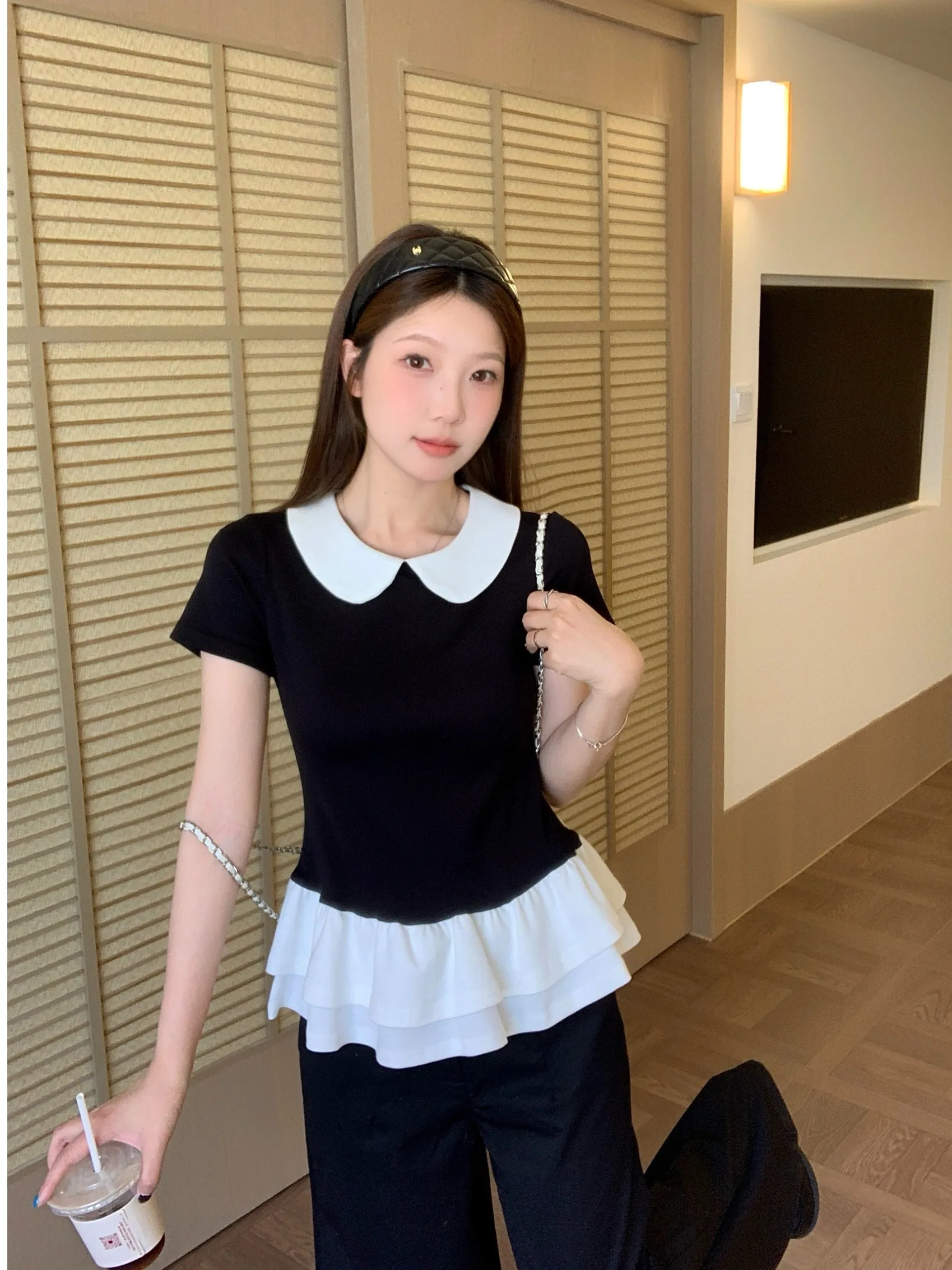 

plus Size Women's Sweet Ballet Style Color Block Doll Collar Short Sleeve T-Shirt Summer New Waist Cinched Lace Trim Top