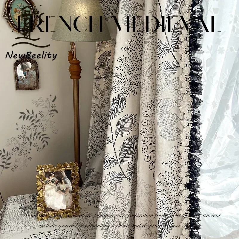 

Французско-американские винтажные жаккардовые черно-белые кружевные роскошные шторы из синели для гостиной, спальни, столовой, затемняющие белые тюлевые шторы