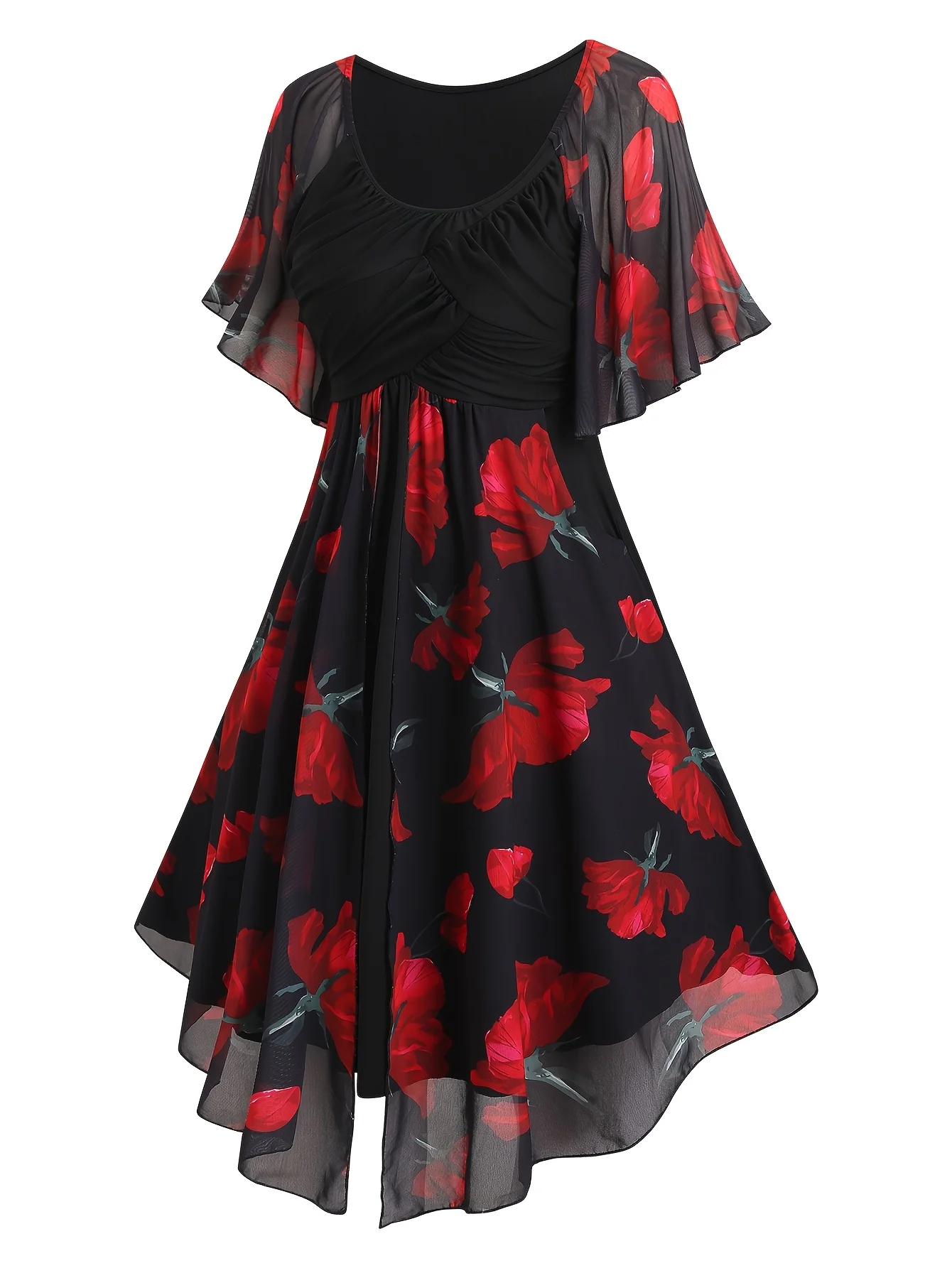 

Черное платье с цветочным принтом больших размеров для женщин, повседневное шифоновое платье А-силуэта с короткими рукавами-крылышками, элегантное платье-клеш для коктейльных мероприятий