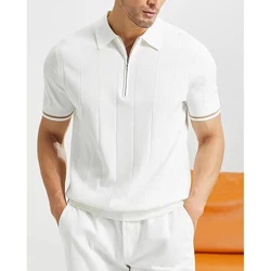 Camisas polo com fecho de lapela masculino, casual de negócios, linhas verticais soltas, sólidas, manga curta, tops finos, roupa nova, moda verão, 2024