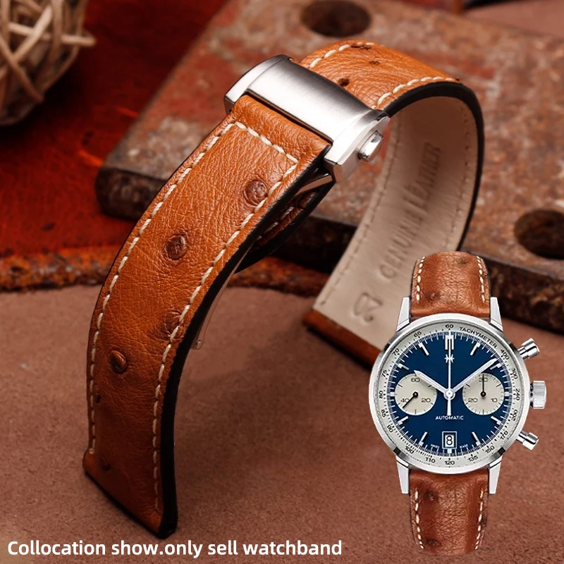 Ostrich Leather Watchband For Hamilton Jazz Khaki Aviation Series H32755851 Folding Clasp Watch Strap Replace Bracelet 20mm 22mm