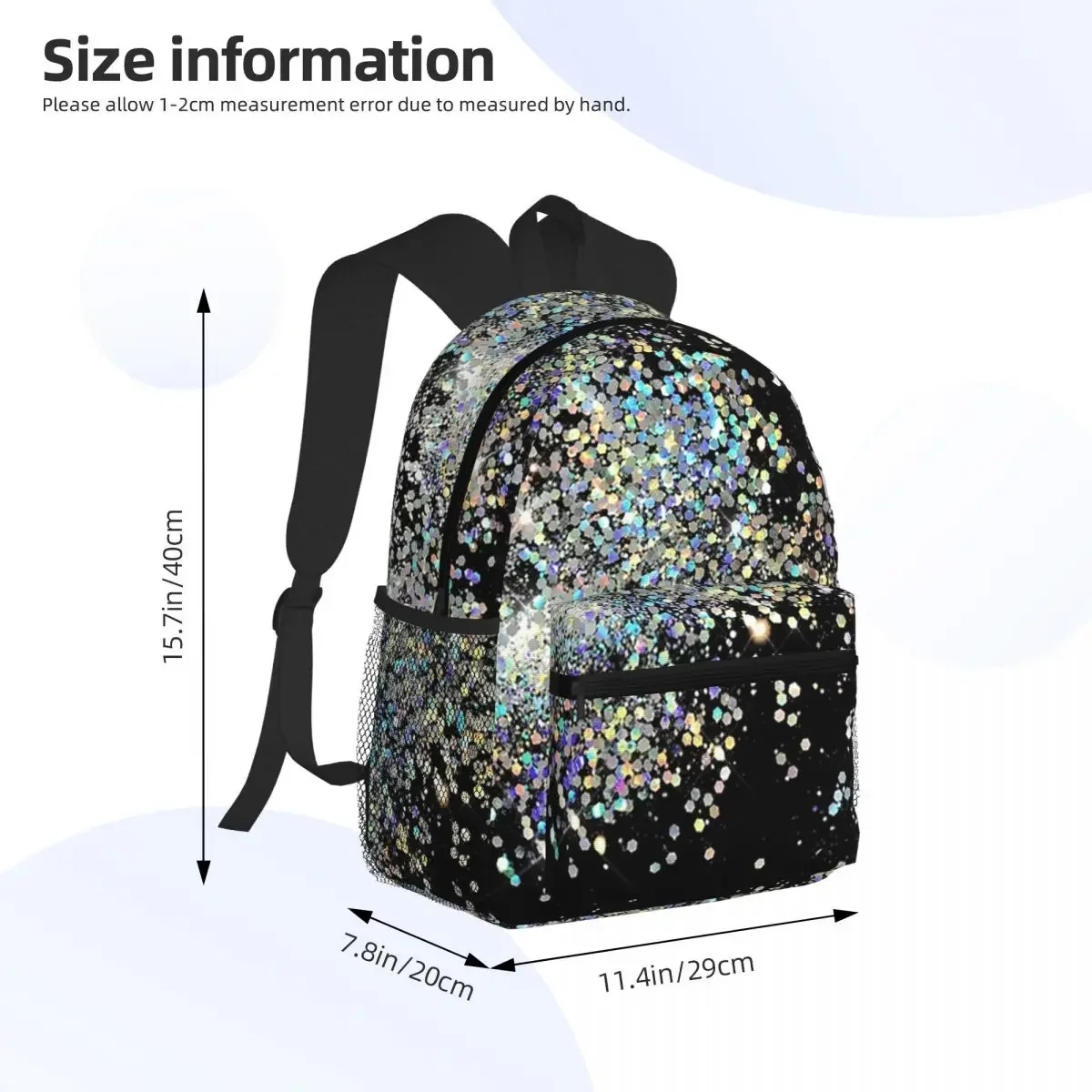 Black And Multicolor Sequins Faux Student Backpack School Bag Hiking Travel Daypack for Men Women Fashion Bookbag Shoulder Bags