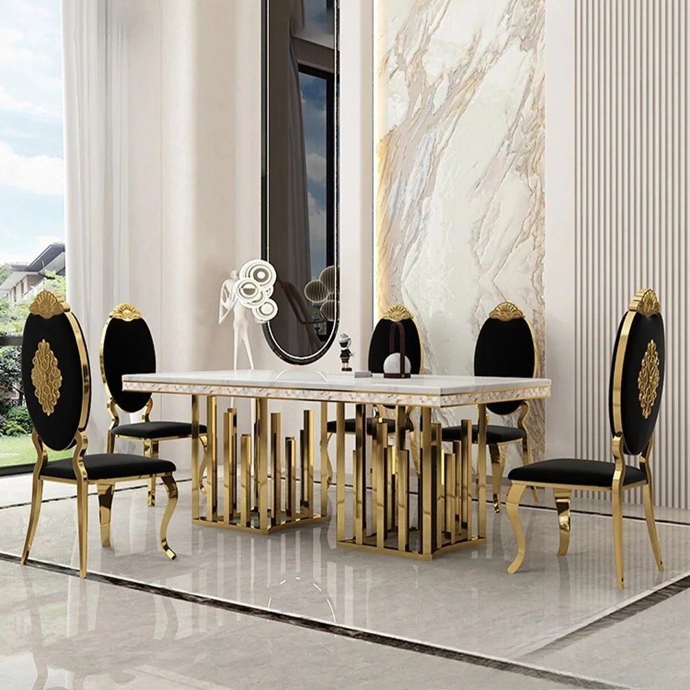 Luxury Dining Room Set: 8 Steel Genuine Leather Chairs, and Rectangle Table Made in Marble and Sea Shell