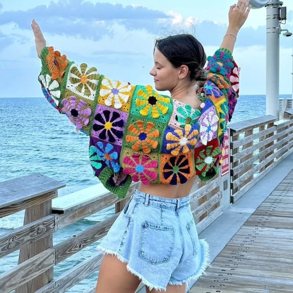 Boho Beach Outwear Handmade knitted Crochet Sweaters Cardigan Women Floral Cotton Long Sleeve Oversize Autumn Warm Sweater Coats