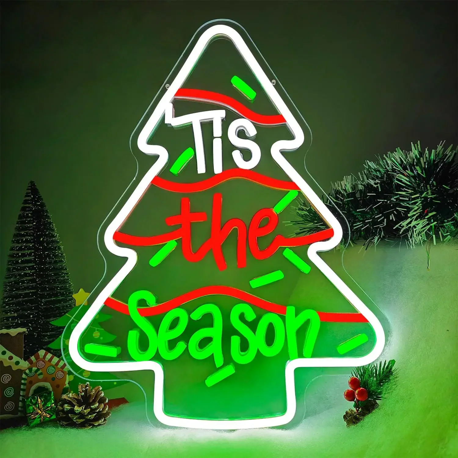Tis The Season Christmas Tree Neon Sign USB LED Light for Holiday Party Home Door Window Bedroom Wall Decoration Gift