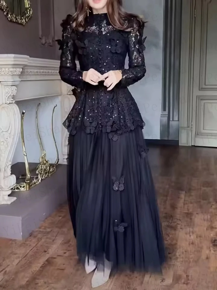 تخصيص ألف خط فساتين لحضور الحفلات الموسيقية الكاحل طول عالية الرقبة كم كامل ثوب مسائي أزياء من الدانتل زر مطرزة ثنيات حزب ثوب