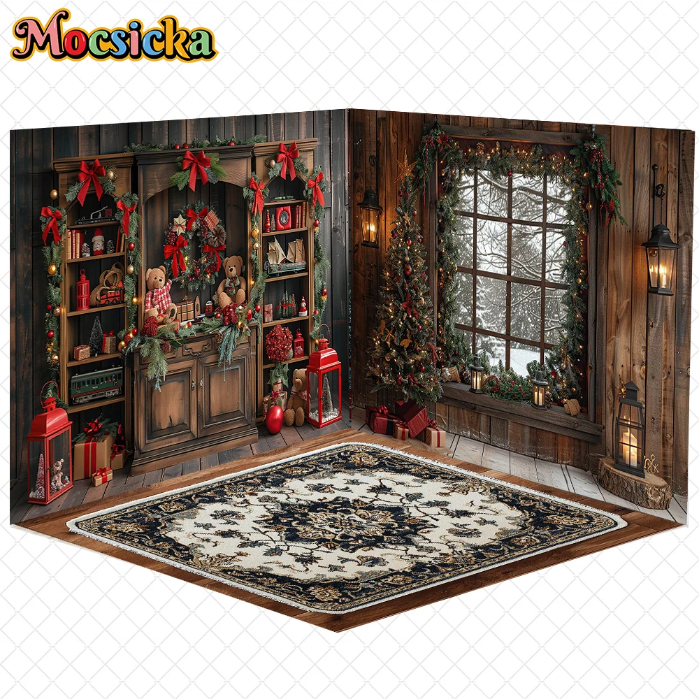 Mocsicka New Year Christmas Backdrop Home Tree Door Window Bookshelf Wood Wall Floor Decor Family Holiday Party Photo Background