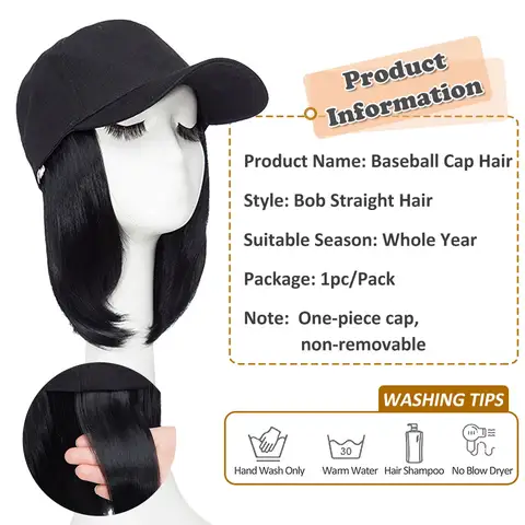 बेसबॉल कैप हेयर एक्सटेंशन के साथ स्ट्रेट शॉर्ट बॉब हेयरस्टाइल एडजस्टेबल रिमूवेबल सिंथेटिक विग हैट 6 इंच महिलाओं और लड़कियों के लिए 10 best sales टोपी विग - №2