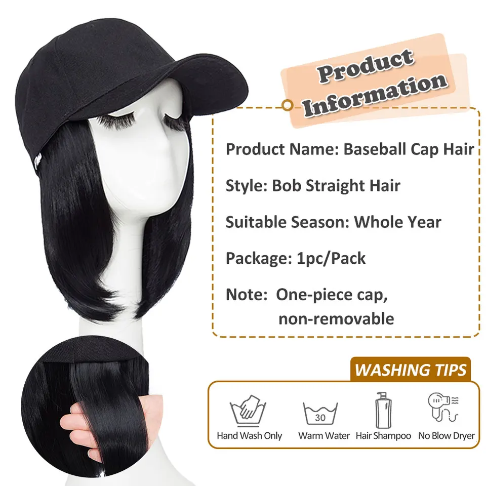 Gorra de béisbol con extensión de cabello sintético lacio bob corto, ajustable y removible, 6 pulgadas 4