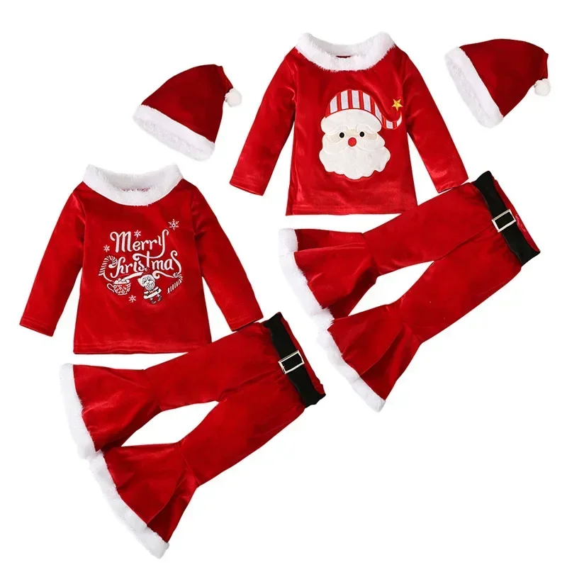 2024 red cute kids little Santa velvet bell bottom set baby girl Santa Claus costume