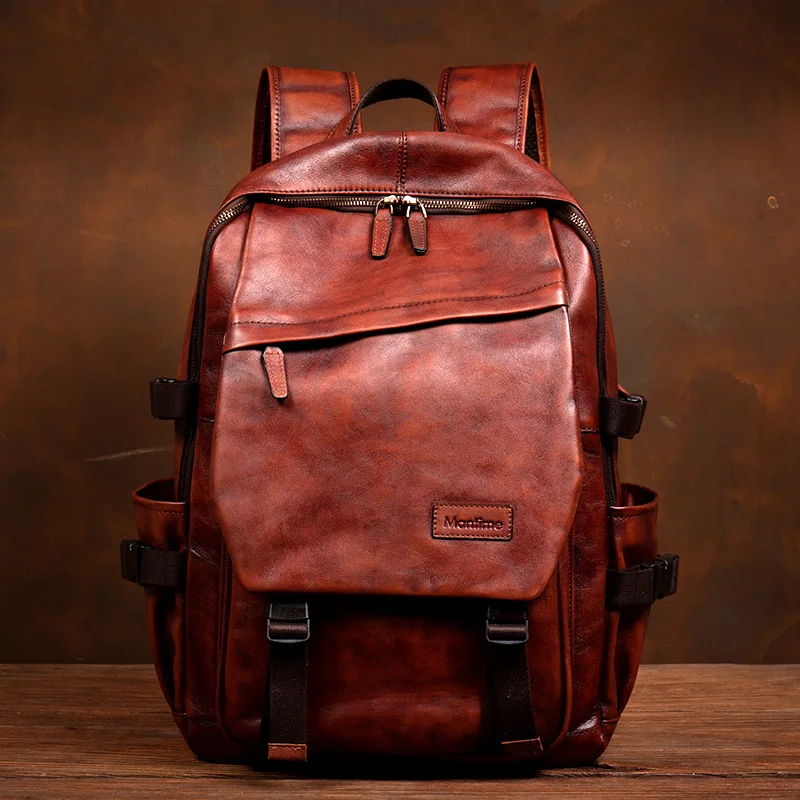 Handmade brushed top layer vegetable tanned cowhide backpack, large capacity bag, genuine leather commuting travel computer bag