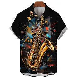 Summer Hawaiian Shirts For Men Music Guitar Printed Tops Clothing Fashion Casual Oversized Collar Rock And Roll Blouses