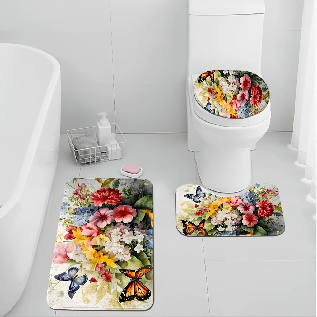 

Новый противоскользящий коврик для ванной комнаты, комплект из нескольких предметов, U-образный коврик для унитаза, утолщенный, мягкий и удобный, комплект из трех предметов - цветы