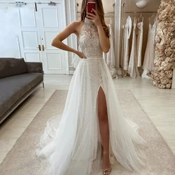 High Halter Lace Wedding Dresses Appliques Mermaid Side Slit Bridal Gowns With Detachable Tulle Train Sexy Long Bride Dress