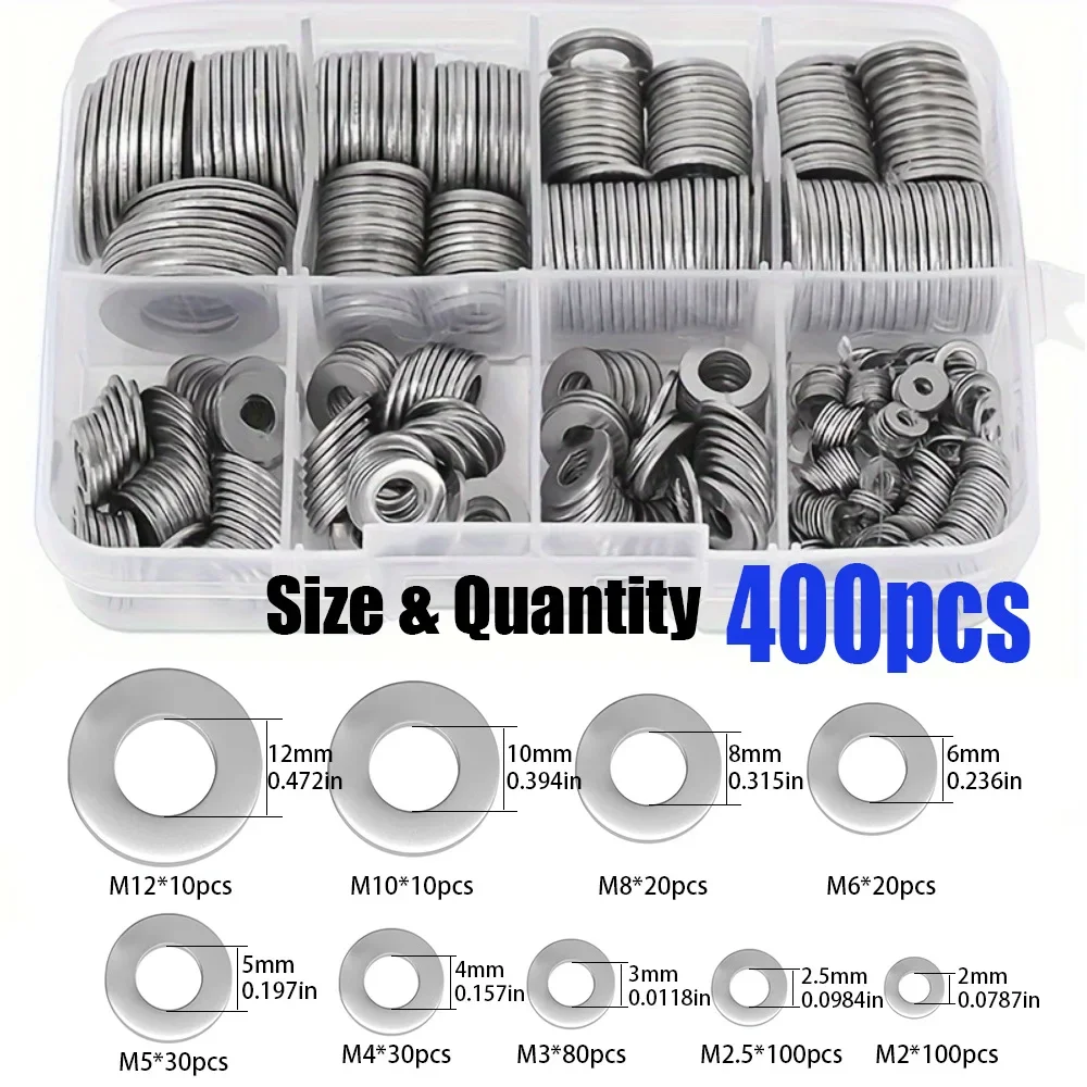 400-Piece Stainless Steel Flat Washer Set (M2 - M12) for Home, Industrial Repair, and Outdoor Construction Maintenance.