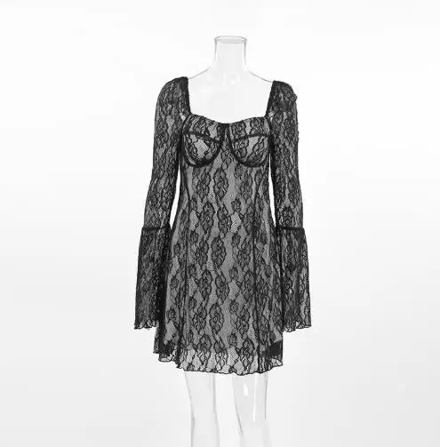 

Womens Dresses Spring Black Sexy Design Lace Hollow Out Temperament Square Neck Bubble Sleeves Slim Fit Lace Up Dress for Women