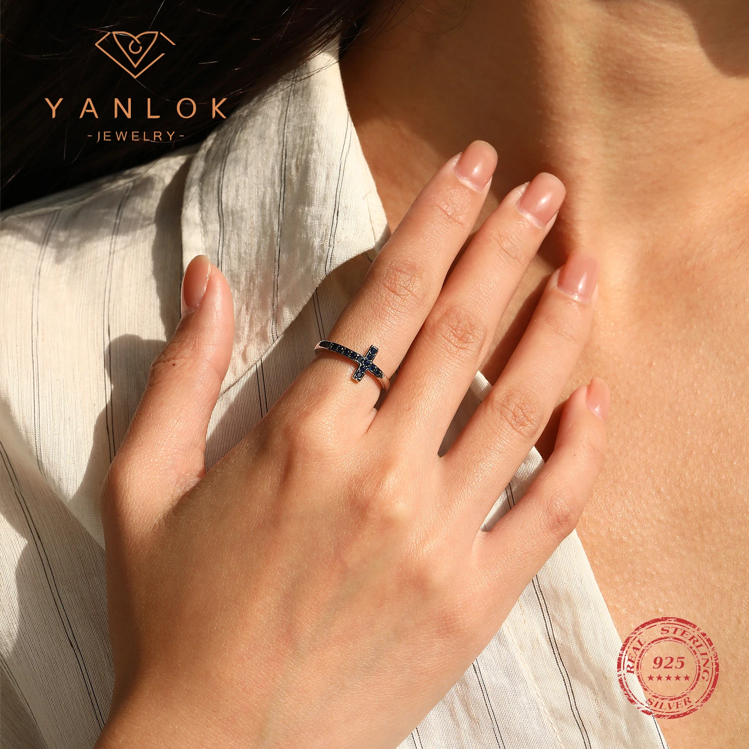 

YANLOK 925 Sterling Silver Simple Vintage Blue Zircon Cross Finger Rings For Women Daily Fine Jewelry Accessories