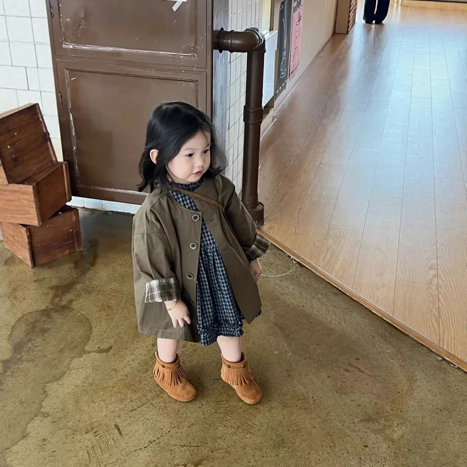 Girls Trench Coat 2025 New Autumn Clothing Children's Splicing Plaid Medium and Long Coat Baby British Style Clothes