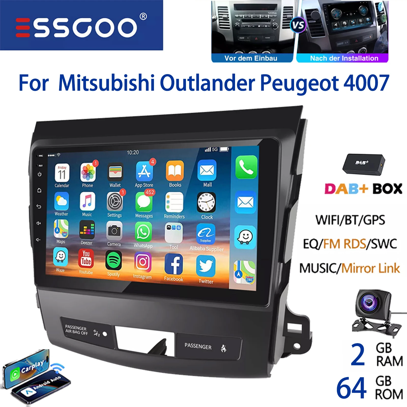 Autoradio ESSGOO Android 15 9 Inch 32G/64G voor Mitsubishi Outlander II 2006-2012 Peugeot Draadloze CarPlay Android Auto GPS Navigatie WiFi FM RDS Bluetooth Stuurwielbediening Mirror Link IPS