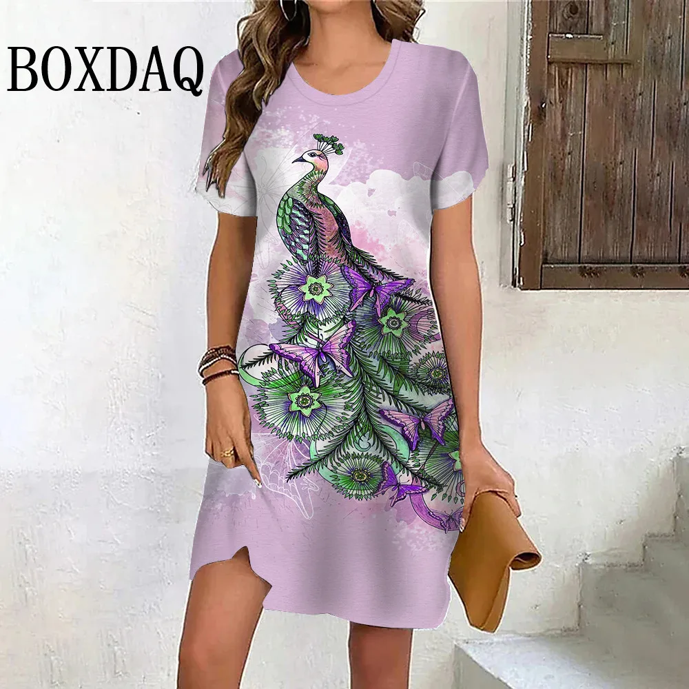 Painted Peacock Print Women's Dress Casual Fashion Loose Streetwear Short Sleeve Dress Summer Vintage Pullover Mini A-Line Dress