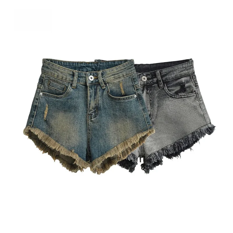 

Retro American Waed Distred Denim ort orts Spring 2025 Trendy High Waist Wide Leg Casual Wear Resistant Small Stature