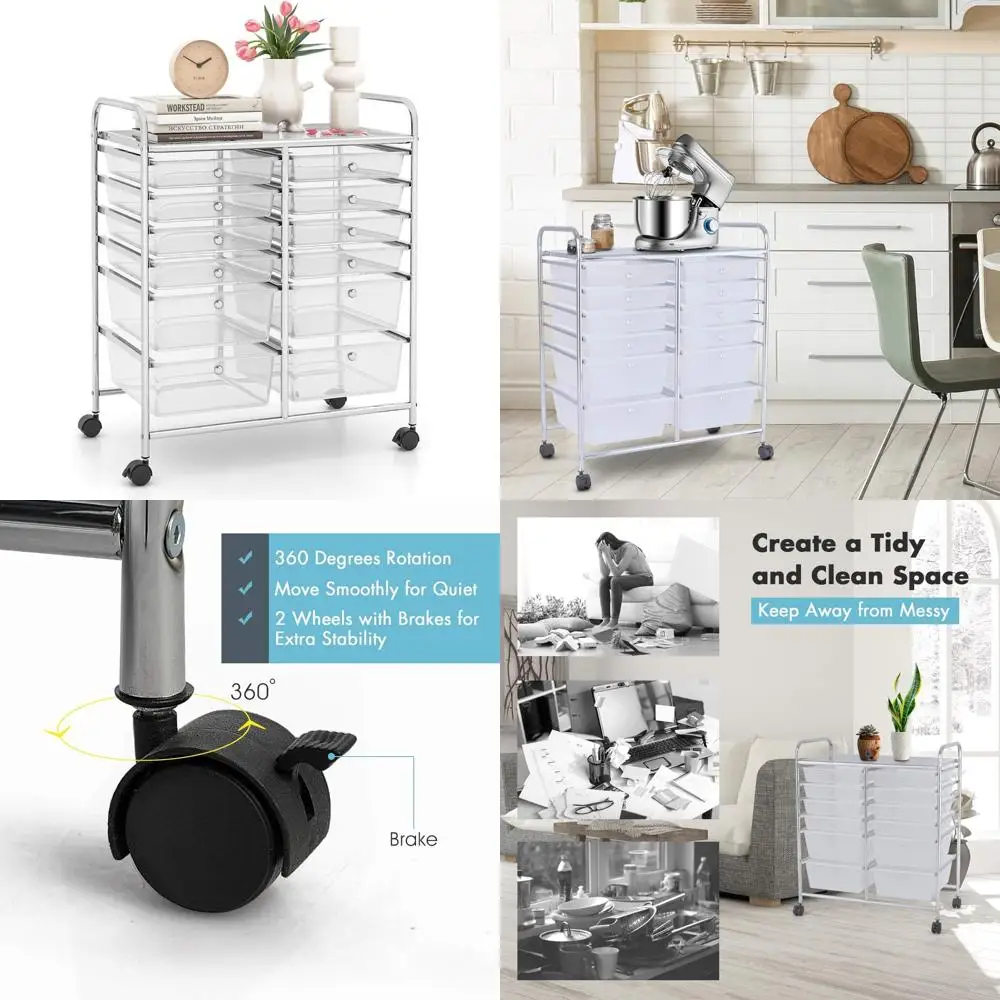 عربة تخزين دوارة ذات سعة كبيرة مع إطار معدني و12 درجًا أملسًا، منظم حرفي على عجلات للتخزين الفعال