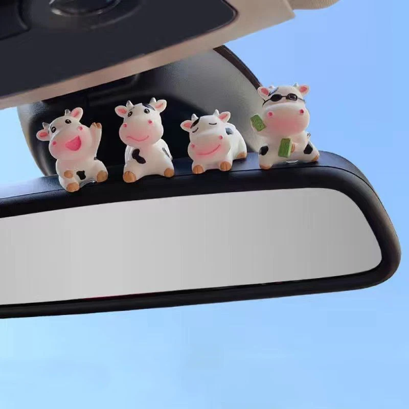 4Pcs Auto Cute Anime Plastic Cartoon Little Cow Car Accessories Gift Interior Hanging Ornament Rear View Mirror Decorations