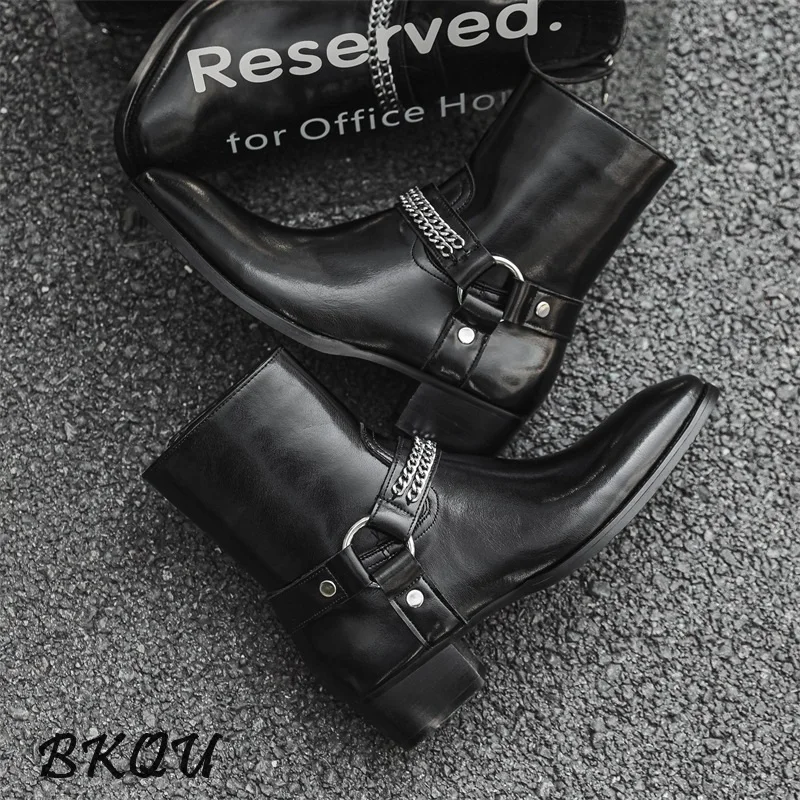 BKQU European Buckle Chelsea Boots for Men, 2025 Autumn Double-layer Leather Pointed Toe High-top Business Boots, Trendy Zipper