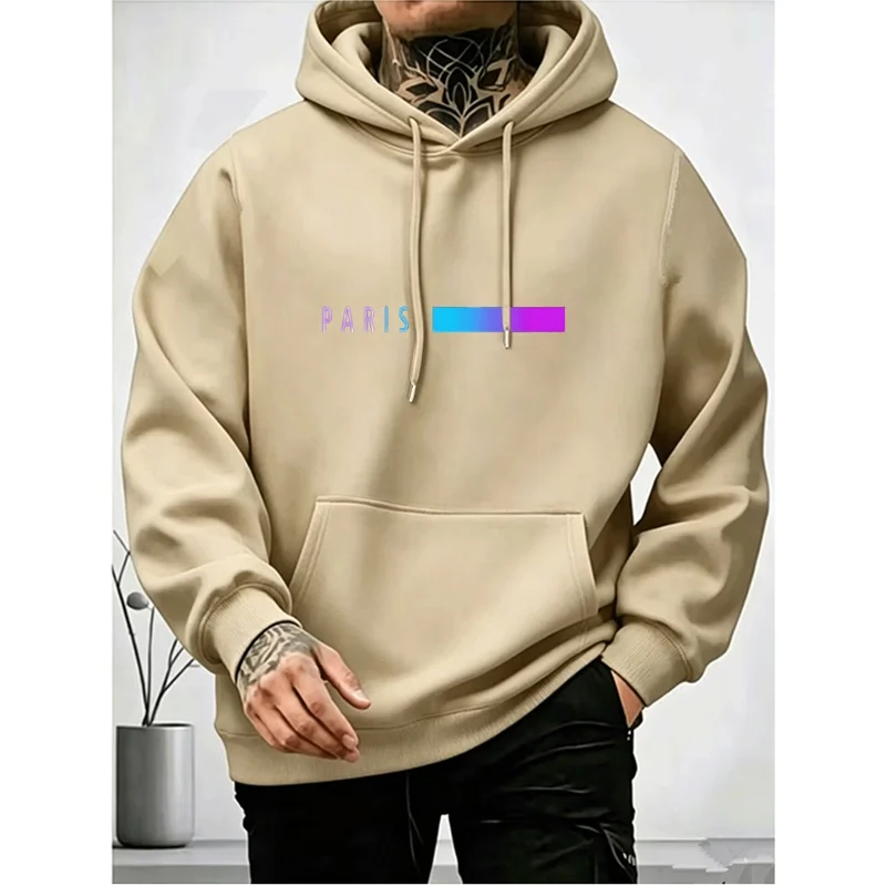 Men PARIS Letter Gradient Print Pullover Hoodie Streetwear Long Sleeve Hooded Sweatshirt Kangaroo Pocket Casual Daily Sport Oute
