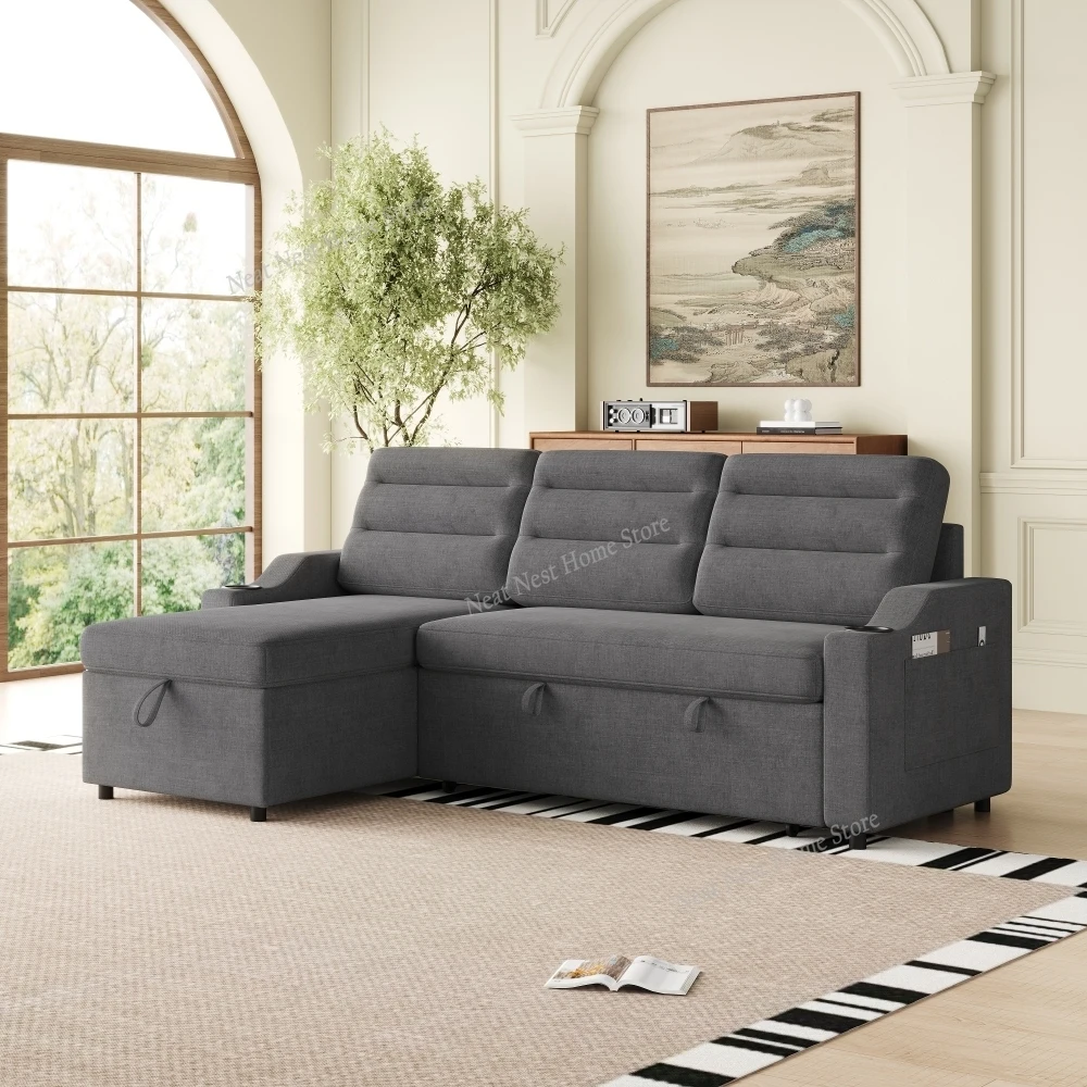 

Convertible Sleeper Combo Sofa, Convertible Sofa Bed Polyester Pullout Bed with Storage Recliner and Cup Holder for Living Room
