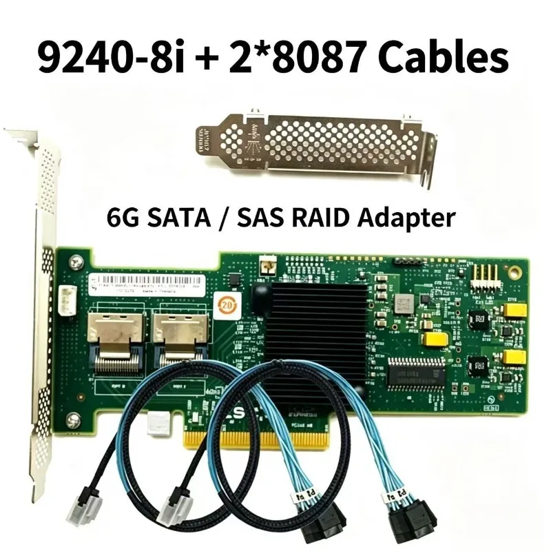 LSI 9240‑8i RAID IT Mode  HBA Card with 2×SFF‑8087 Cables, PCIe x8 6Gbps SAS SATA, RAID0/1/10/5 Server Storage Adapter