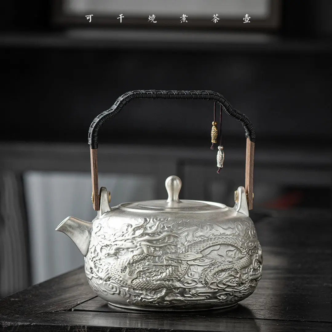 

Silver pot high-end Longteng World Kung Fu tea set in the the Year of the Loong Vintage large capacity boiling water teapot