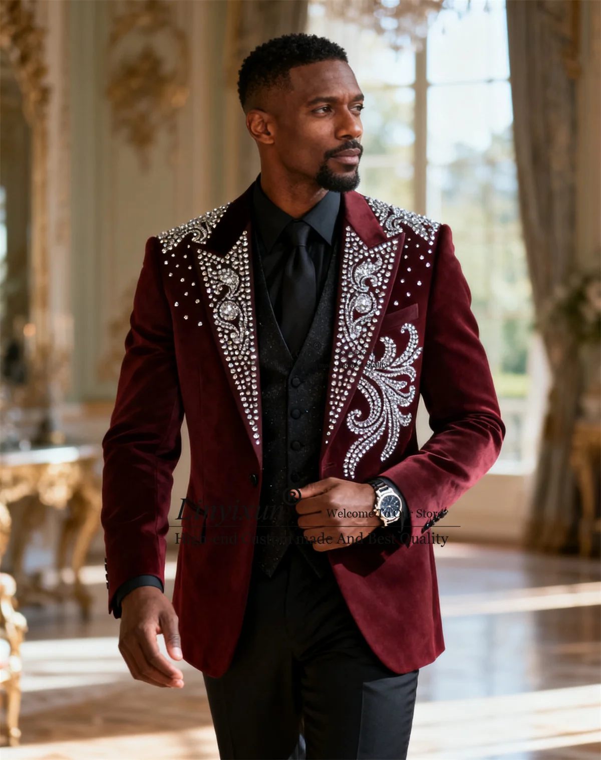 

Мужские костюмы с блестящим орнаментом и драгоценными камнями, бархатные свадебные смокинги по индивидуальному заказу, облегающие вечерние комплекты из 3 предметов, мужские пиджаки для жениха, костюм Homme