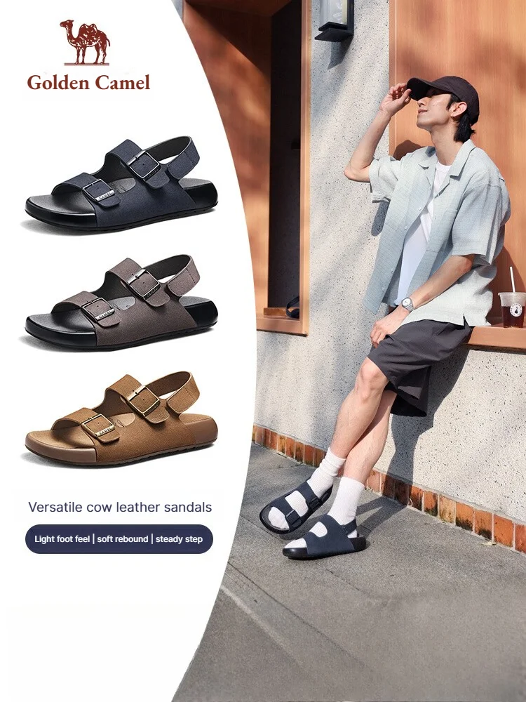 Golden Camel Men's Sandal Summer Buckle-Adjustable Breathable Casual Real Cowhide Slip-On Slippers for Home or Outdoor Beach Use
