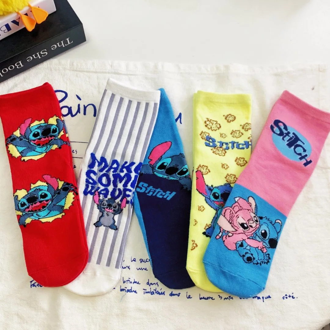 1/3/4/5 Pairs of Stitch Cartoon Cute Knitted Mid-Calf Socks Unisex