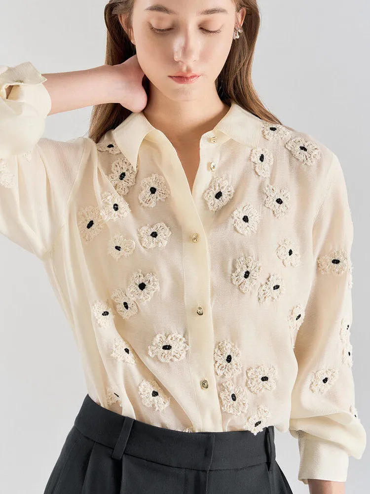 

Весна 2026: Женская хлопковая рубашка в повседневном стиле с одной пуговицей, цветочной вышивкой, свободного кроя, дышащая, гладкая, прохладная, с воротником-стойкой