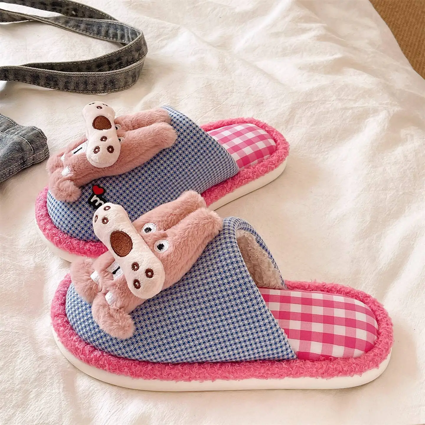 

Women's Autumn Winter Dopamine Cute Dog Cotton Slippers Indoor Home Non Slip Soft Sole Warm Fleece Lined Closed Toe Shoes