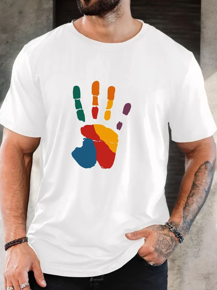 Men Black Crew Neck Tee Color Block Rainbow Handprint Abstract Art Equality Pride Soft Cotton Male Casual Short Sleeve Tops