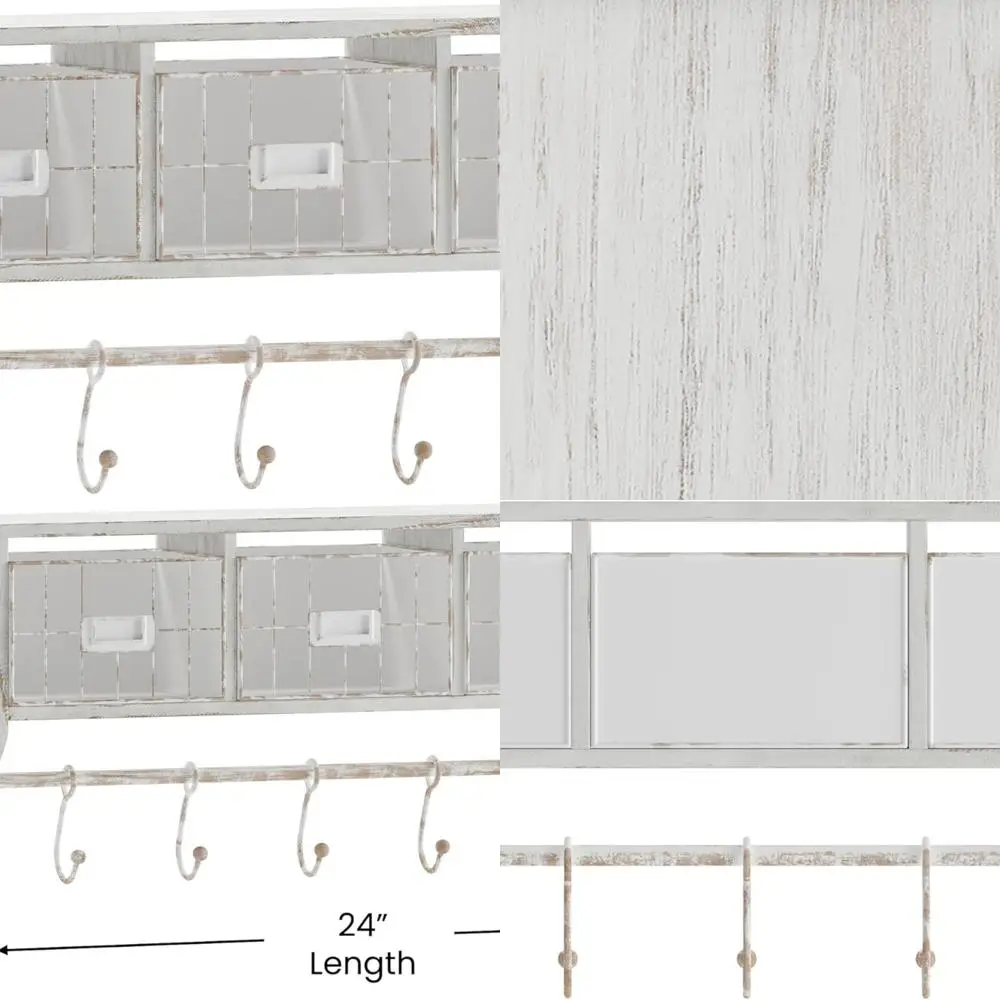 

24 Whitewashed Pine Wall Rack with 5 Hooks and Wire Baskets for Home Storage