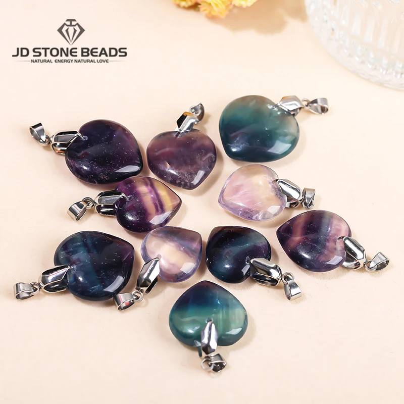 1 Pc Natural Stone Fluorite Carved Heart Shape Pendant Random Size Crystal Charms For Jewelry Making Diy Necklace Accessory