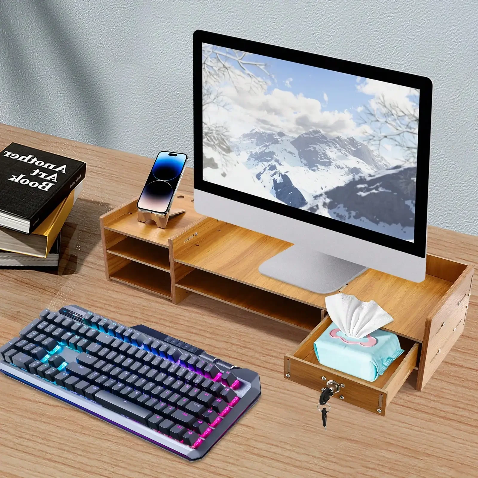 Rechteckiger Computer-Monitor-Riser-Schreibtischständer mit Schloss-Aufbewahrung für reduzierte Nackenbelastung – passend für Monitore, Laptops, Holz