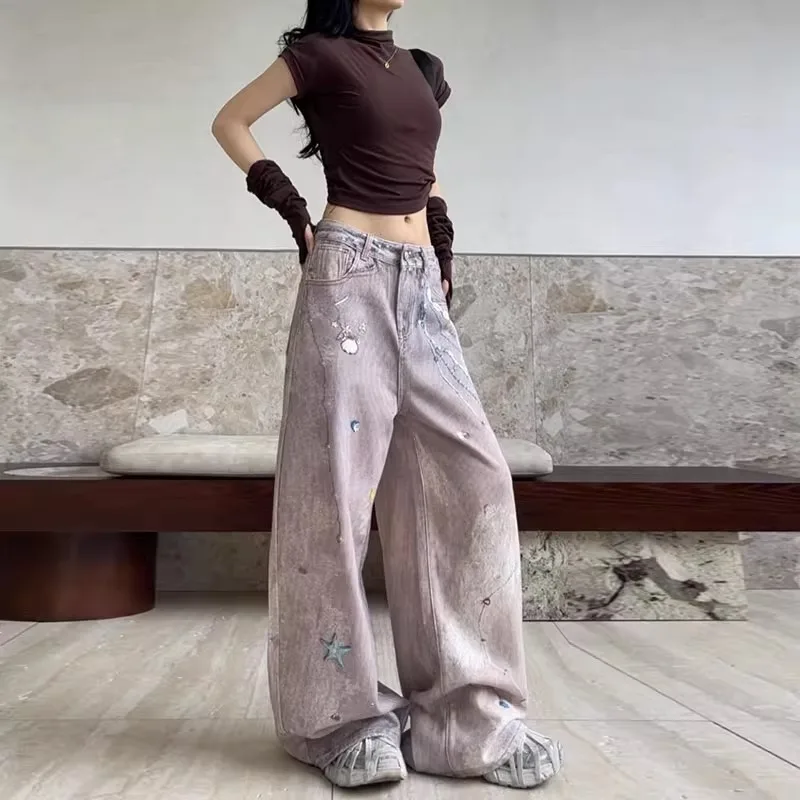 شل طباعة المتعثرة غسلها الجينز Y2K فضفاض الصيف المرأة صالح التخسيس واسعة الساق StraighPaants الأمريكية خمر حفرة الشاي #4