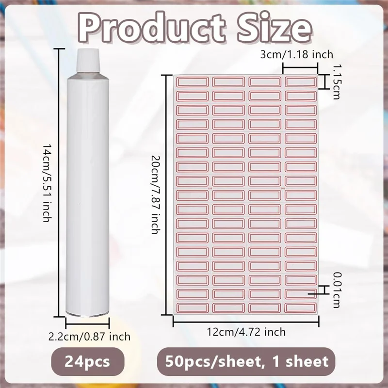 A03F-24Pcs tubos de pintura a óleo vazios brancos em branco 60ml tubos de tinta de alumínio com 2 folhas almofadas autoadesivas estilo pasta de dente