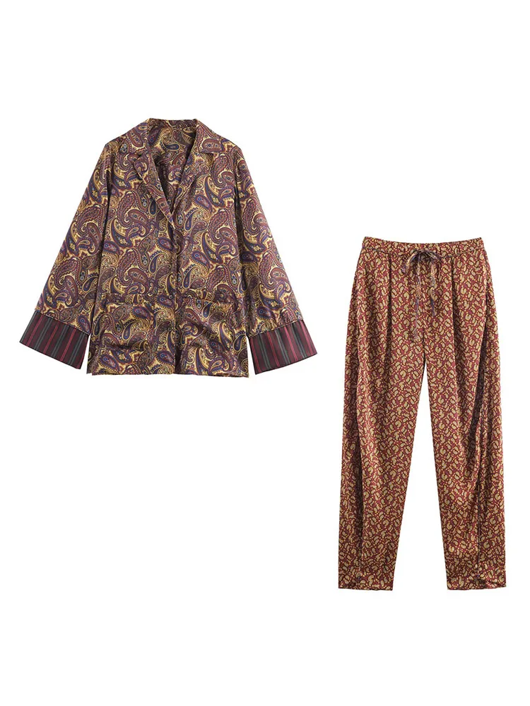 HH レディースファッション ペイズリー柄 ラペル シングルブレスト パジャマ風 プリントシャツ+ハイウエスト カジュアル レースアップパンツ 2点セット 女性用