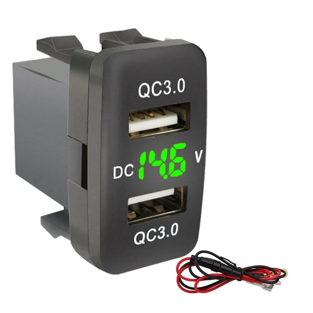 

Car Dual USB3.0 Fast Charge with Display Voltmeter Black and Green Voltage Car Charger for